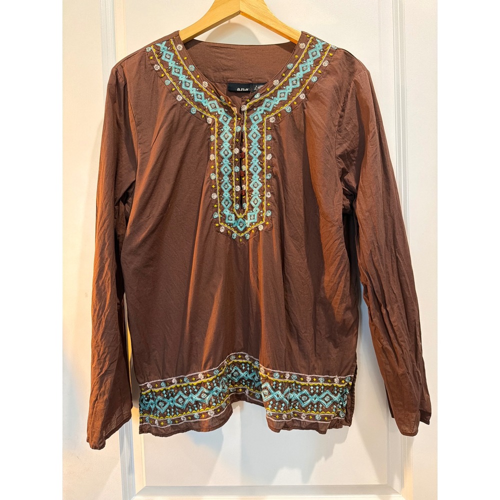 a.n.a. Womens XL Brown Embroidered Cotton Blouse Long Sleeve Boho Split V-Neck
